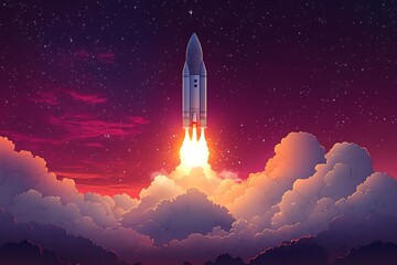 Obraz premium Rocket Launch at Sunset Spacecraft Ascending Through Dramatic Cloudscape