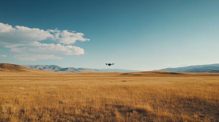 Fototapeta premium Drone flying over golden field, mountains in background
