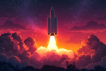 Fototapeta premium Rocket Launch at Sunset Dramatic Space Exploration Illustration