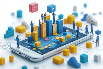 Team analyzing data on augmented reality digital platform with 3D visuals