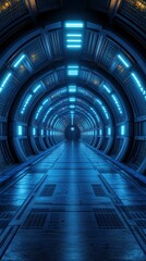 Futuristic tunnel illuminated by blue lights creates a captivating sci-fi atmosphere