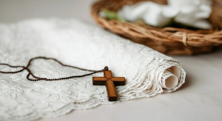 Wooden cross on lace fabric with wicker basket in background