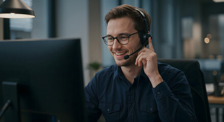 Smiling customer support agent working with a headset in office