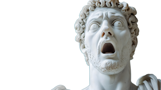 classical Greek marble statue of a man with a surprised expression, showcasing detailed craftsmanship.