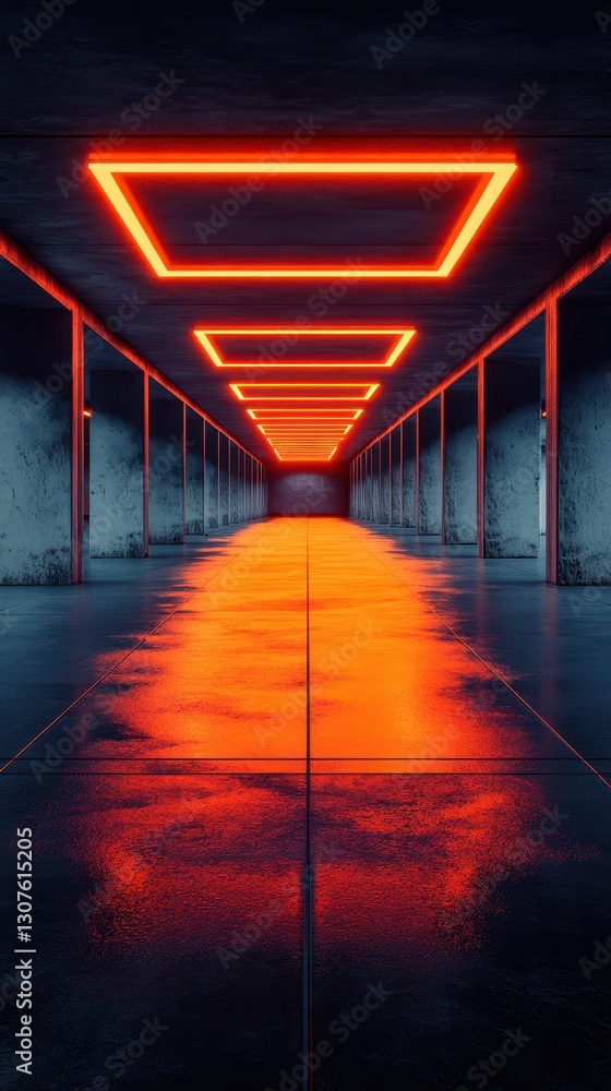 Poster illuminated corridor with vibrant orange lighting creating a surreal atmosphere in an abstract space