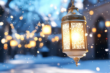 Illuminated Lantern in Snowy Winter Village Scene Festive lights and falling snow create a magical atmosphere, perfect for holiday cards or winter-themed websites