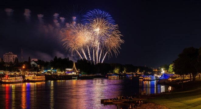 Fireworks display over river at night, reflections on water