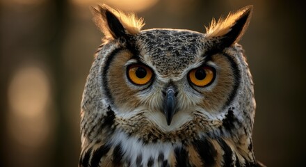 Obraz premium Close-up of Eurasian eagle owl with intense orange eyes in natural setting