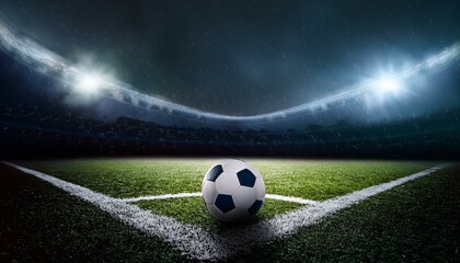 soccer ball on rainy stadium field at night