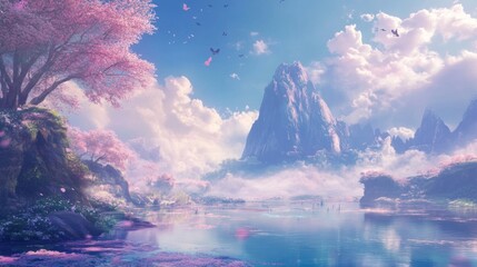 Naklejka premium Serene mountain lake with cherry blossoms, birds and soft light