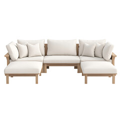 Fototapeta premium Modular outdoor sectional sofa with light wood frame and white cushions. Includes plush pillows and ottomans. Perfect for patio seating.