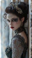 Enigmatic woman with gothic elegance poses against an ornate wall in a muted lighted space showcasing intricate details Generative AI