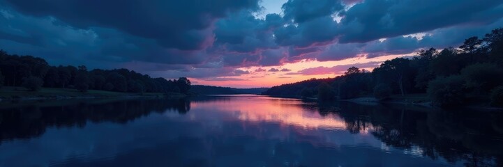 Fototapeta premium Dark skies reflect in the mirror-like surface of a slow-moving river at night, reflection, water