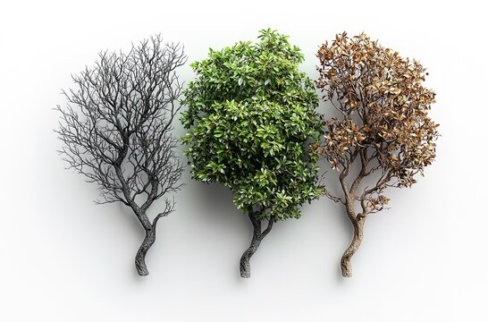 Three Stages of Life: Tree Growth Cycle from Bare to Lush to Decay