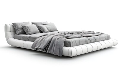 Modern Low-Profile Bed: White Leather Upholstery with Plush Bedding
