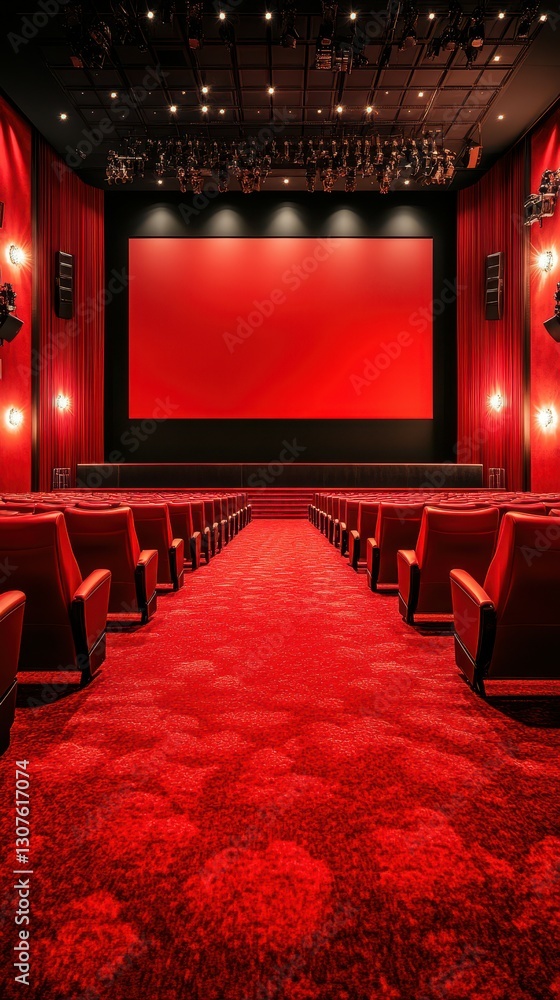 Poster luxurious red theater interior with empty seating and a large screen displaying a vibrant red color