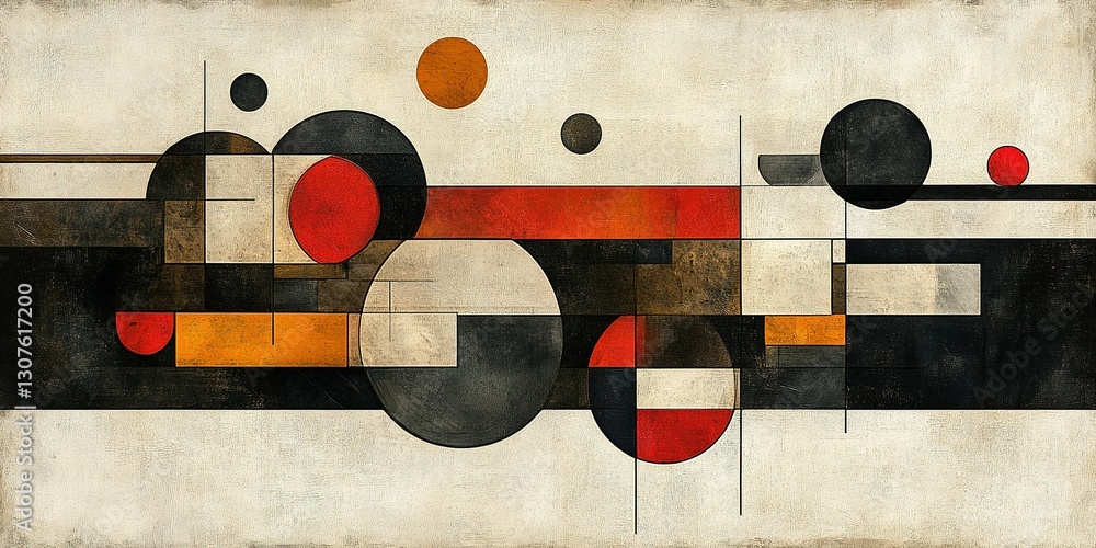 Poster abstract composition with circles and geometric shapes in bold colors and muted background tones