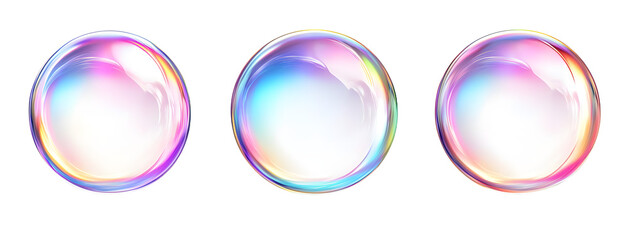 set of three circle colorful iridescent holographic elements design, isolated on white background, png