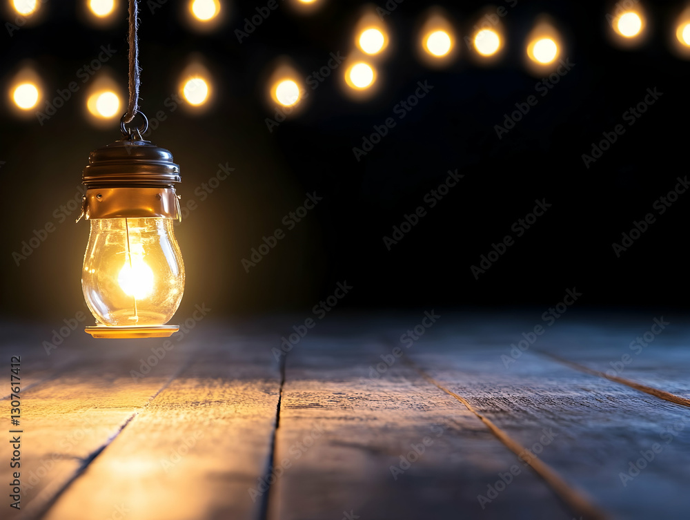 Poster illuminated lantern on rustic wooden table with bokeh lights, ideal for product displays or atmosphe