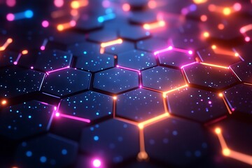 Abstract Hexagon Network Futuristic 3D Neon Glowing Lines and Dots Background