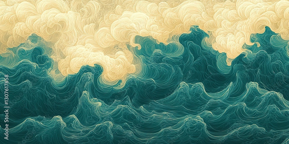 Poster turbulent waves collide with clouds in a captivating oceanic artwork reflecting dynamic natural forc