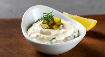 Creamy tartar sauce in small white bowl garnished with pickles and dill