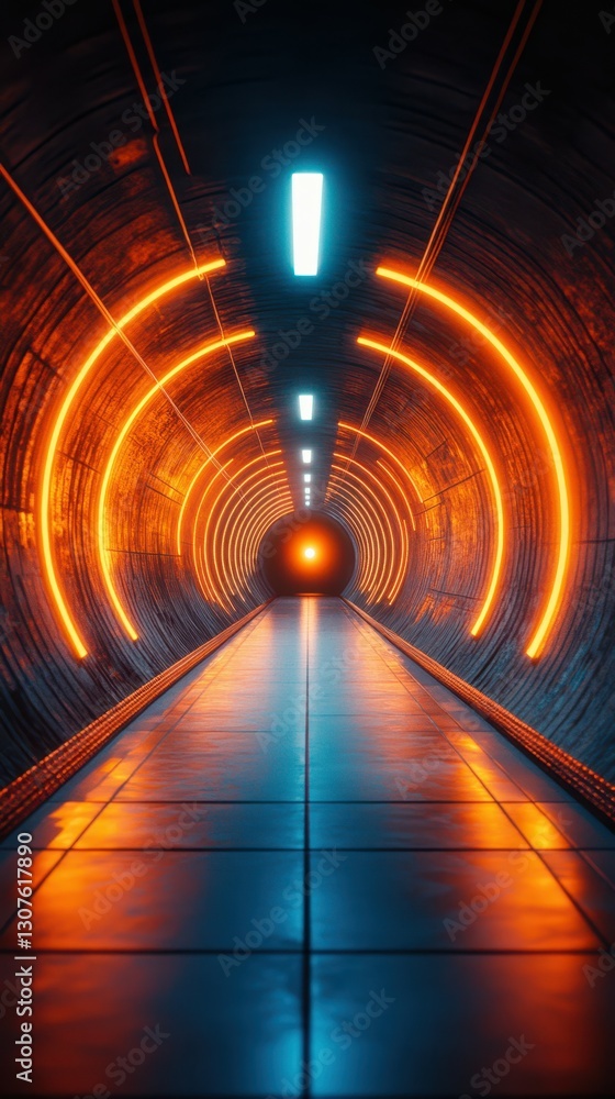 Poster illuminated tunnel with glowing lights creating an abstract visual effect in a futuristic setting at