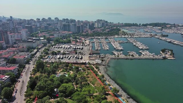 Istanbul, Turkey: Aerial view of famous Turkish city straddling Bosphorus Strait, summer day with clear blue sky - landscape panorama of Europe / Asia from above
