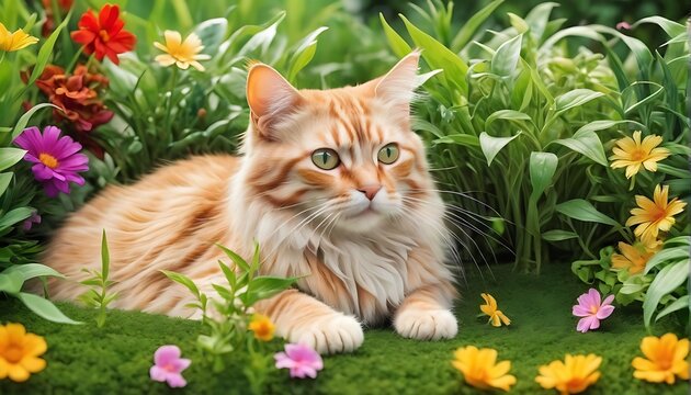 Charming ginger cat amidst blooming flowers in a whimsical garden scene