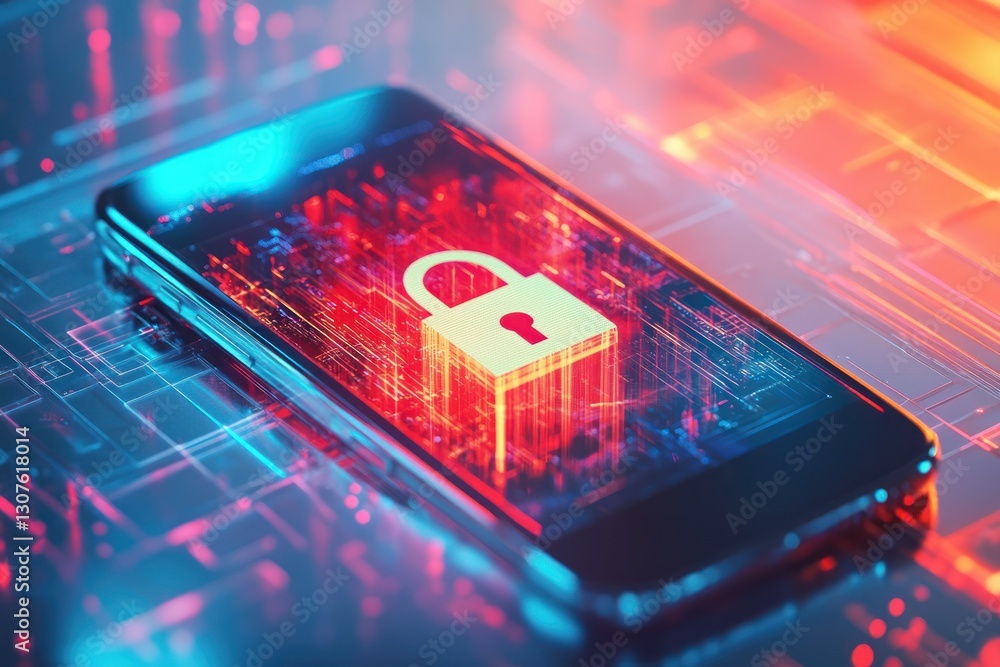 Poster smartphone security concept with digital lock symbol on glowing circuit background