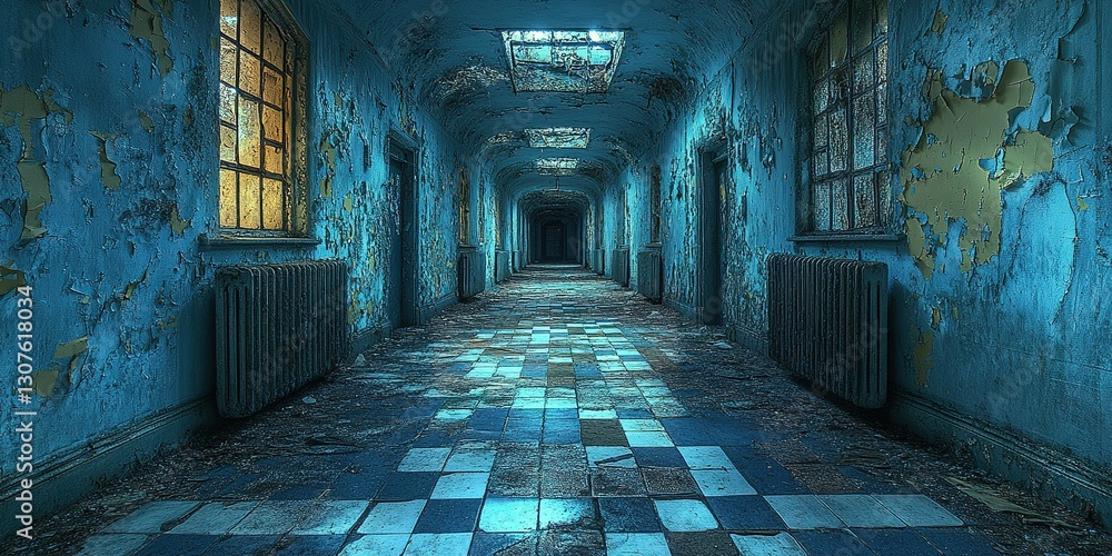 Poster abandoned corridor with peeling paint and broken windows in a desolate building