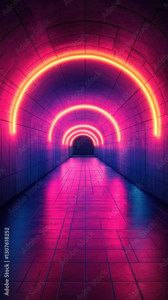 Poster neon light tunnel with vibrant colors creating a mesmerizing atmosphere in an urban setting