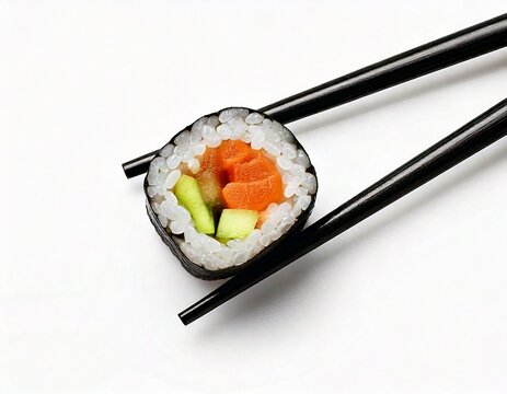 piece of sushi held with black chopsticks on white isolated background .
Generated image