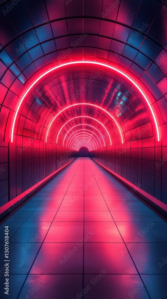 Poster bright neon tunnel features curved lighting creating a futuristic atmosphere in a subway station at 
