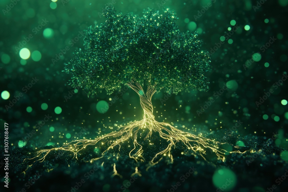 Poster enchanted tree with luminous roots and vibrant green background in fantasy setting