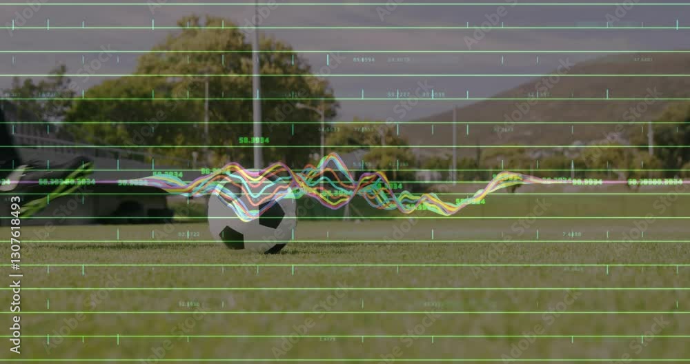 Poster running on field, soccer player with colorful animation data overlay