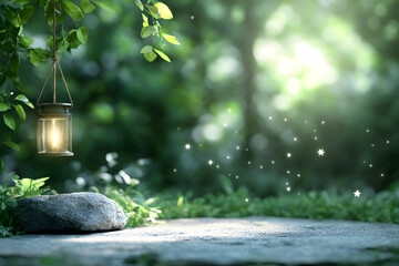 Naklejka premium Illuminated lantern on stone path in enchanted forest; magical, mystical ambiance; perfect for fantasy, fairytale, or nature-themed projects