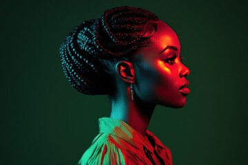 Profile of a Woman with Braided Hairstyle Under Dramatic Red and Green Lighting