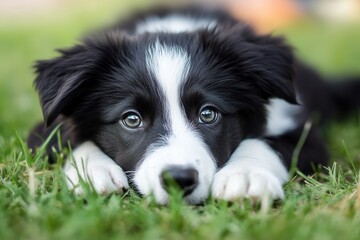 Fototapeta premium Adorable black and white puppy lays in green grass under bright sunlight in a backyard setting Generative AI