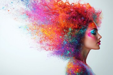 Vibrant woman profile with colorful powder explosion hairstyle and creative makeup artistry