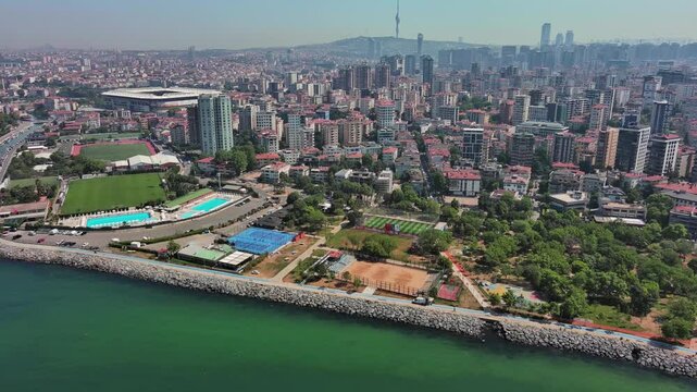 Istanbul, Turkey: Aerial view of famous Turkish city straddling Bosphorus Strait, summer day with clear blue sky - landscape panorama of Europe / Asia from above

