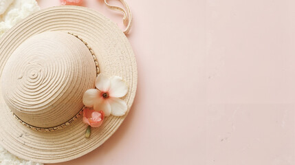 Stylish straw hat surrounded by delicate flowers on a soft pastel background