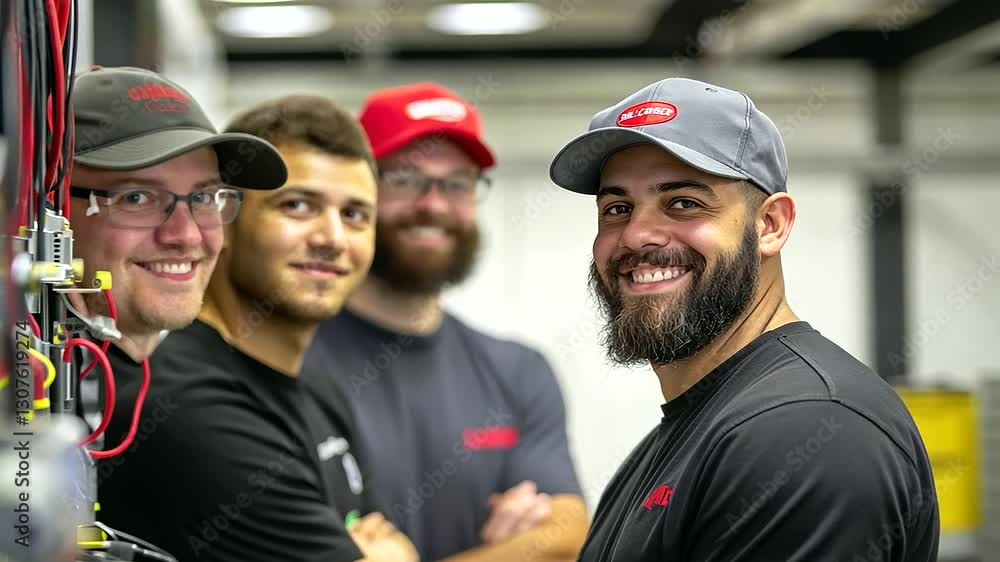Poster a group of electrical trade students smile confidently next to their neatly arranged wiring project,