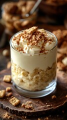 Creamy dessert layered with crushed cookies served in a clear glass on a wooden table with crumbs scattered around
