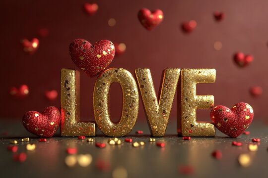 Golden 3D Text Love Surrounded by Red Hearts on a Gradient Background