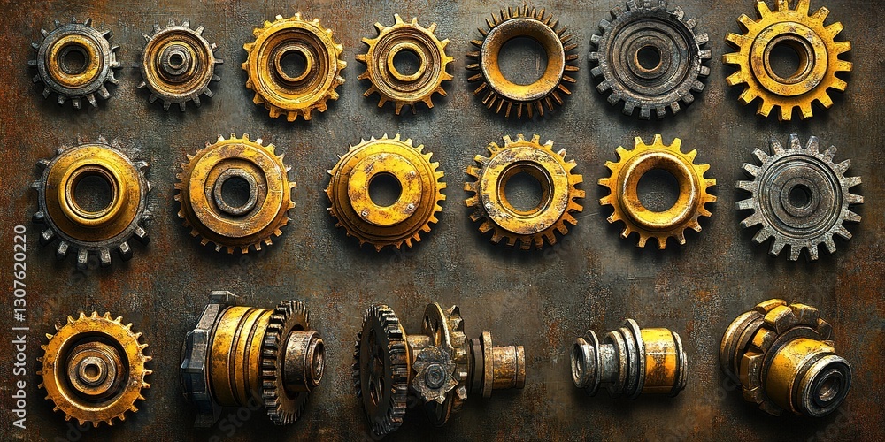 Poster detailed view of assorted metallic gears arranged artistically on a textured background showcasing i