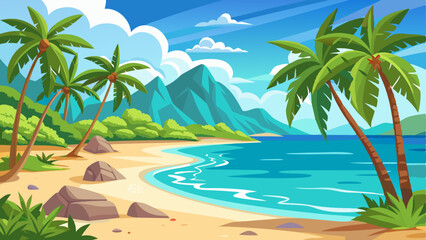 A vector illustration of a tropical beach with palm trees and clear blue water