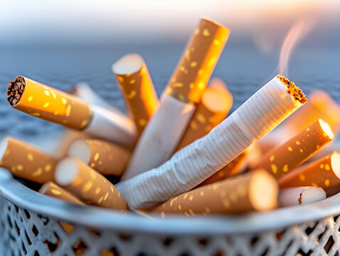 Empowering change as someone takes a stand by throwing cigarettes into the trash under a vibrant sunset sky