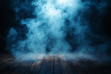 Dark Moody Blue Smoke Background with Wooden Floor Mystical Atmospheric Scene