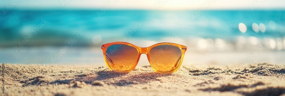 Aufkleber stylish sunglasses resting on sandy beach with ocean waves in background during bright sunny day gen